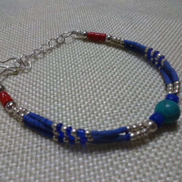 Tribal BLUE LAPIS, RED CORAL & TURQUOISE Beaded Silver Bracelet Size 7.5" #963B - Picture 3 of 3
